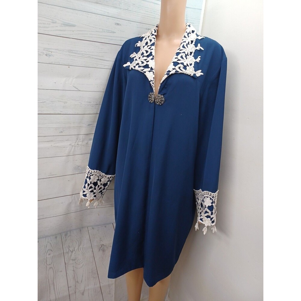 Vtg Dolce Blue White Long Duster Open Cardigan Jacket Sz L Lace